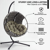 [Grey] Light grey egg chair with olive cushion and labels for rustproof frame, thick cushion and rope weave