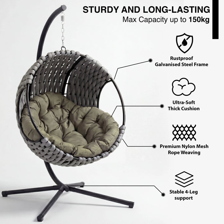 [Grey] Light grey egg chair with olive cushion and labels for rustproof frame, thick cushion and rope weave