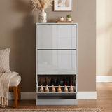 [Silver Grey] High Gloss 3 Door Shoe Cabinet with all three tilt compartments open showing shoes.