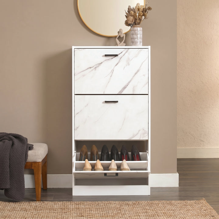 [White Marble] 3 Drawer Slim Shoe Cabinet For Hallway front view with the lower compartment tilted open.