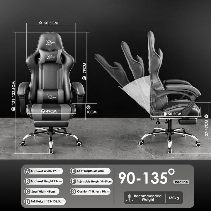 [Black + Grey] Xstriker Gaming Chair With Footrest featuring ergonomic design, adjustable recline from 90° to 135°, and padded support for home or office use.