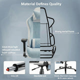 [Blue] Xstriker Velvet Gaming Chair with Footrest features a strong metal frame, 12cm thick foam cushion, adjustable seat, gas lift, and sturdy base with PU wheels.