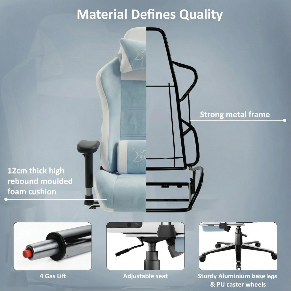 [Blue] Xstriker Velvet Gaming Chair with Footrest features a strong metal frame, 12cm thick foam cushion, adjustable seat, gas lift, and sturdy base with PU wheels.