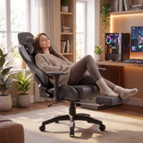 [Dark Grey + Light Grey] A woman relaxing on the [Dark Grey + Light Grey] Ergonomic Gaming Chair with Footrest fully extended.