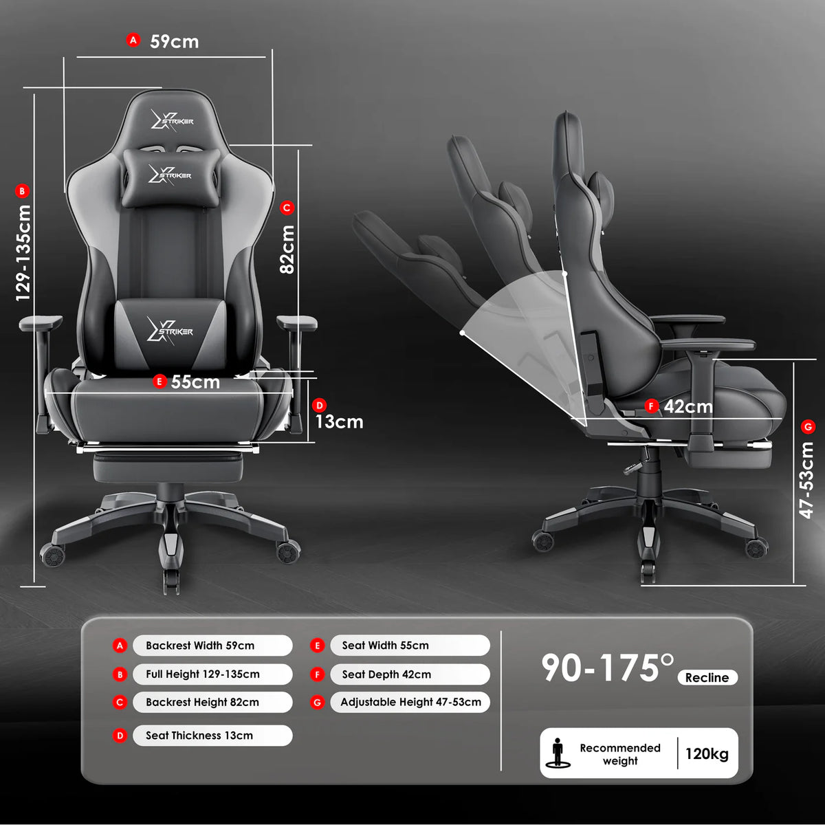 [Dark Grey + Light Grey] Dimension diagram for Ergonomic Gaming Chair with Footrest showing heights and widths.