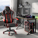 [Black + Red] Ergonomic gaming chair with lumbar support and padded armrest in black and red, placed in a modern gaming setup with DHS branding on the monitor.