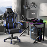 [Black + Blue] Video game chairs with lumbar support and padded armrest in black and blue, placed in a modern gaming setup with DHS branding. Ideal for long gaming or office sessions with adjustable comfort features.