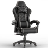 [Black + Grey] Ergonomic gaming chair with lumbar support and padded armrest in black leather finish, ideal for long gaming or office sessions. Features adjustable height and reclining backrest.