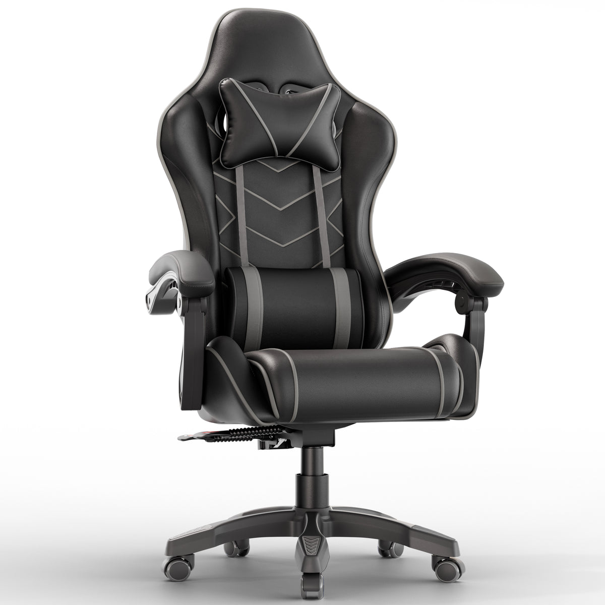 [Black + Grey] Ergonomic gaming chair with lumbar support and padded armrest in black leather finish, ideal for long gaming or office sessions. Features adjustable height and reclining backrest.