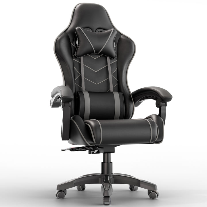 [Black + Grey] Ergonomic gaming chair with lumbar support and padded armrest in black leather finish, ideal for long gaming or office sessions. Features adjustable height and reclining backrest.
