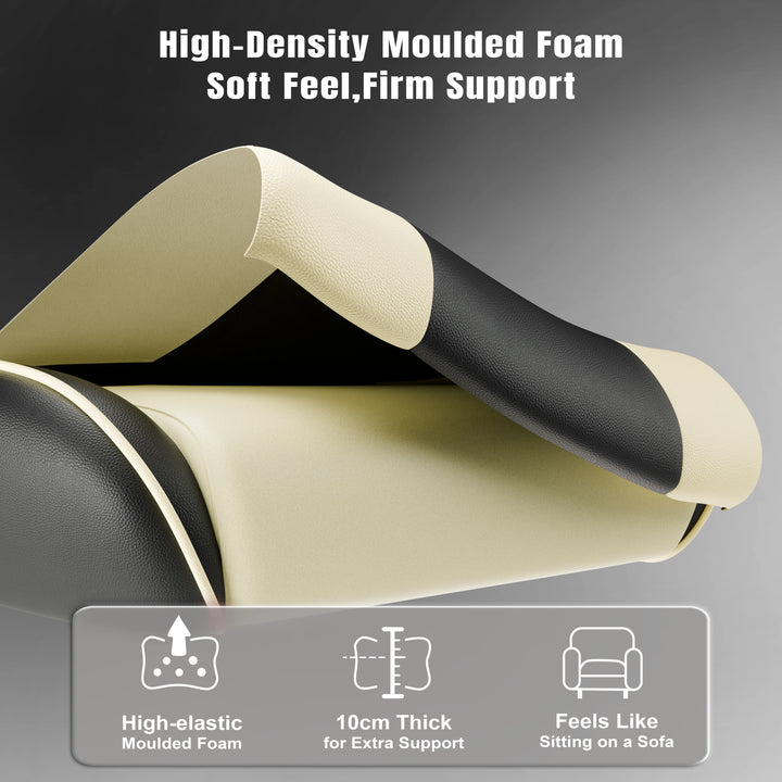 [Black + White] High-density moulded foam with text on soft feel and firm support, against a dark background.