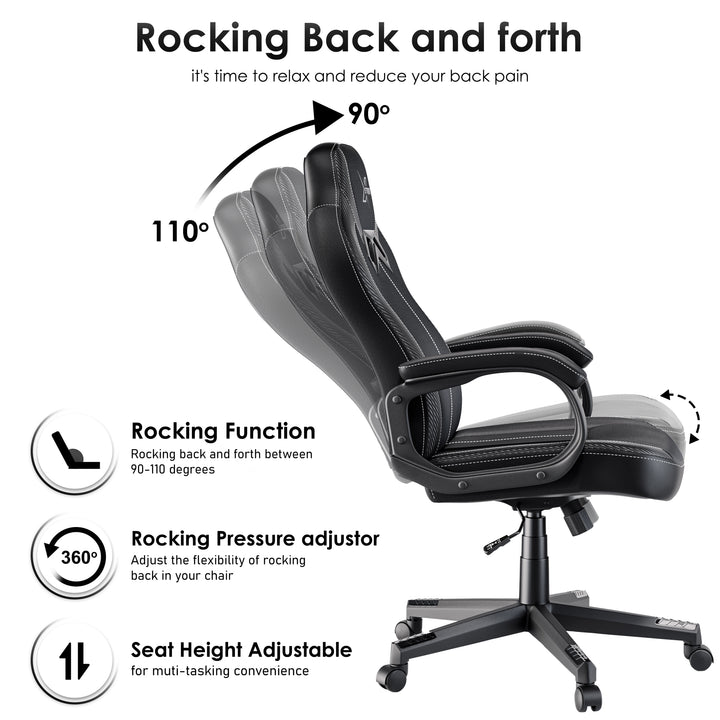 [Black] Xstriker Kids Gaming Chair with rocking function from 90 to 110 degrees, adjustable seat height, and pressure control for home office use.