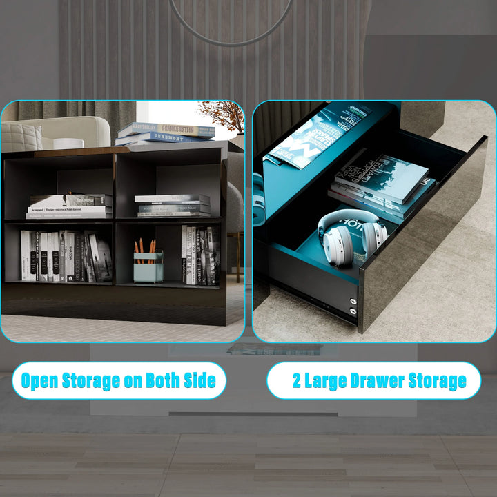 [Black] Detail view of black gloss coffee table with dual drawer storage and open shelving, illuminated by blue LED lights.