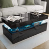 [Black] high gloss storage coffee table in front of grey sofa, blue LED mid shelf holds headphones and toy car