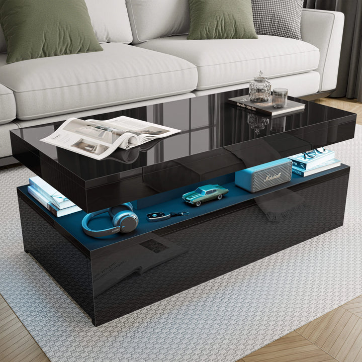 [Black] high gloss storage coffee table in front of grey sofa, blue LED mid shelf holds headphones and toy car