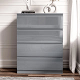 [Grey] Straight-on grey gloss 4 Drawer Chest of Drawers, vase and book stack styled on top against white panels.