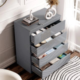 [Grey] All four drawers open on the grey High Gloss 4 Drawer Chest of Drawers, books and white vase on the top.