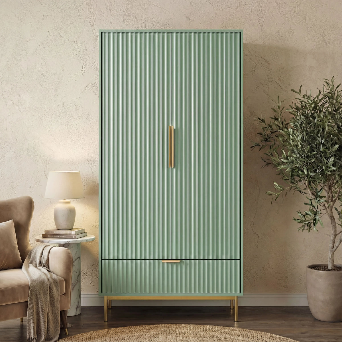 [Sage Green] flutrina double wardrobe with a bottom drawer and gold legs placed in a neutral decor room