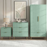 [Sage Green] three-piece matching flutrina design bedroom set, including a wardrobe, chest of drawers, and bedside table