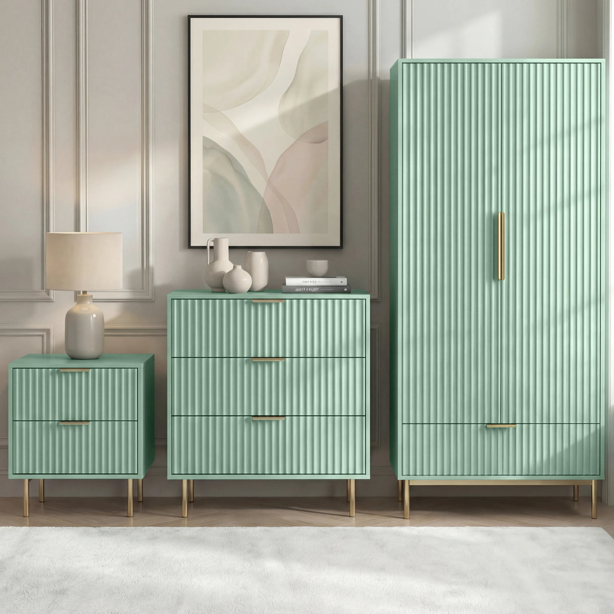 [Sage Green] three-piece matching flutrina design bedroom set, including a wardrobe, chest of drawers, and bedside table