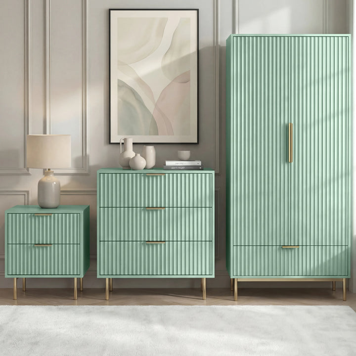 [Sage Green] three-piece matching flutrina design bedroom set, including a wardrobe, chest of drawers, and bedside table