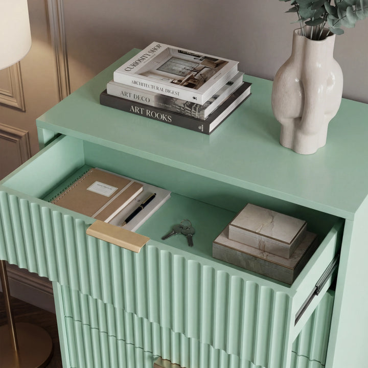 [Sage Green] flutrina chest top surface styled with decor emphasizing painted finish with golden handles