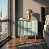 [Sage Green] flutrina design nightstand with two drawer storage, and gold legs placed beside a bed near a window in a bedroom