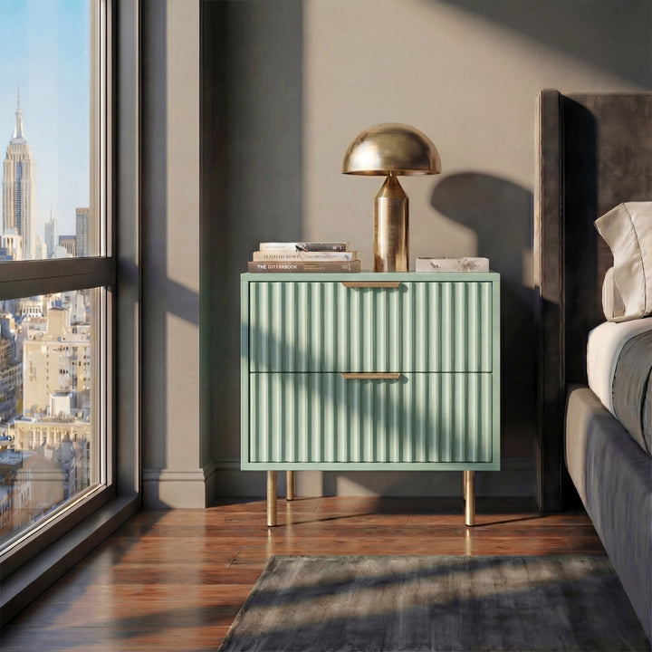 [Sage Green] flutrina design nightstand with two drawer storage, and gold legs placed beside a bed near a window in a bedroom