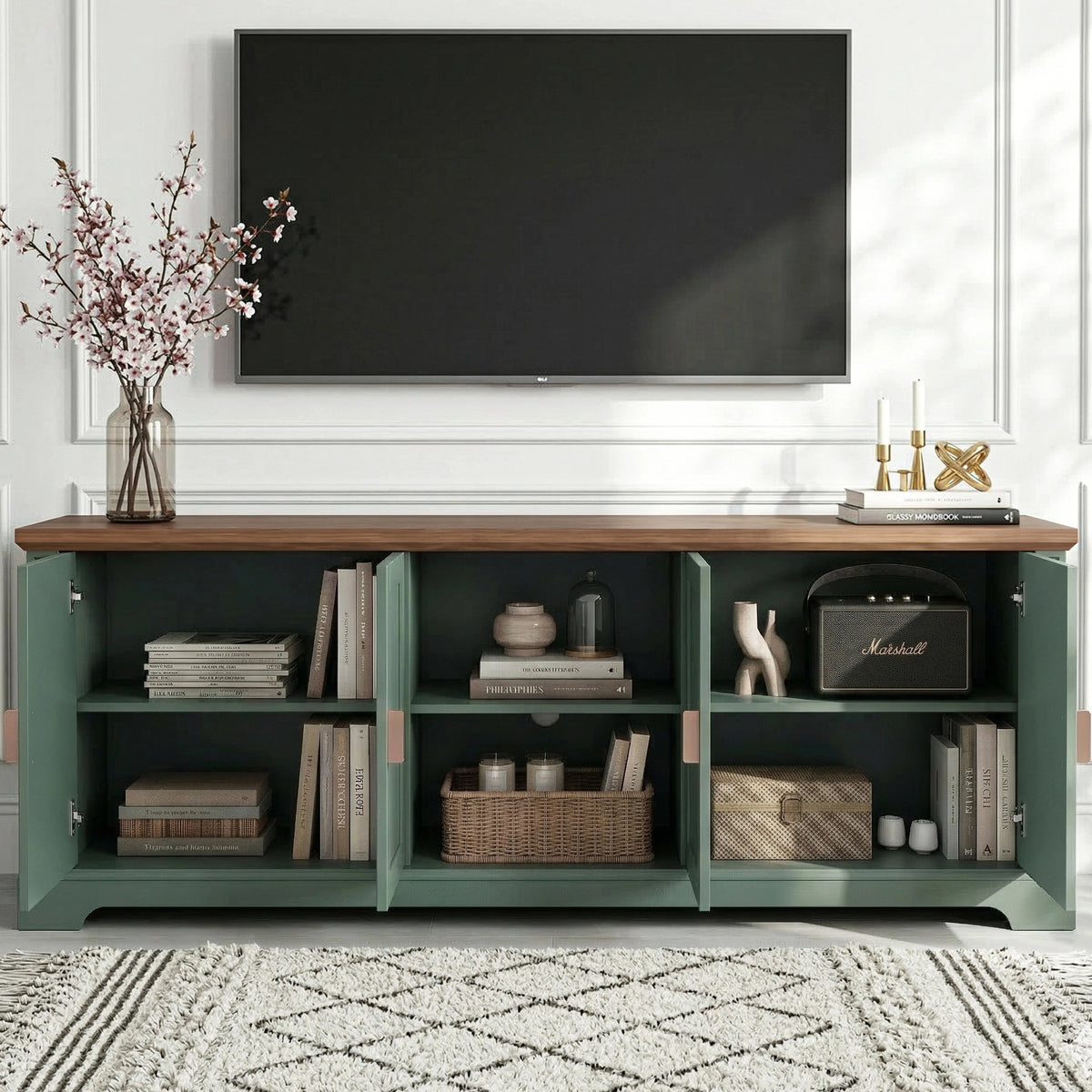 [Green | 170cm] Bellford TV unit with all doors open showing full internal storage with a speaker, vases, and baskets