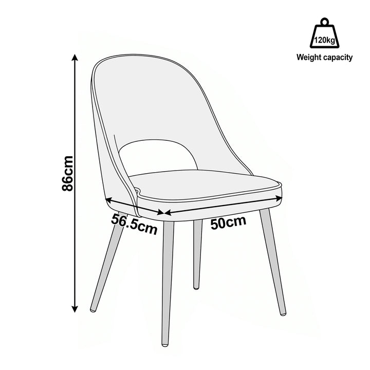 [Green | Set of 4] Dining chair size guide showing 86cm high, 50cm wide, 56.5cm deep dimensions and 120kg capacity per chair.
