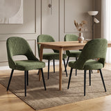 [Green | Set of 4] Four curved-back dining room chairs with piped seats and black legs arranged around a light wood table.