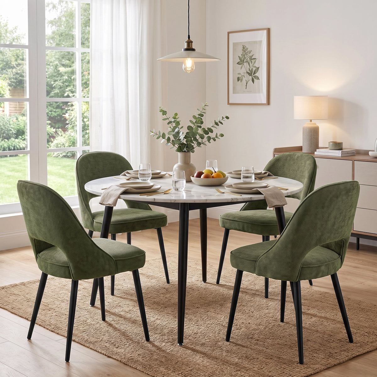 [Green | Set of 2] Two pairs of the comfy dining chairs around a round marble-effect table styled with fruit and eucalyptus.