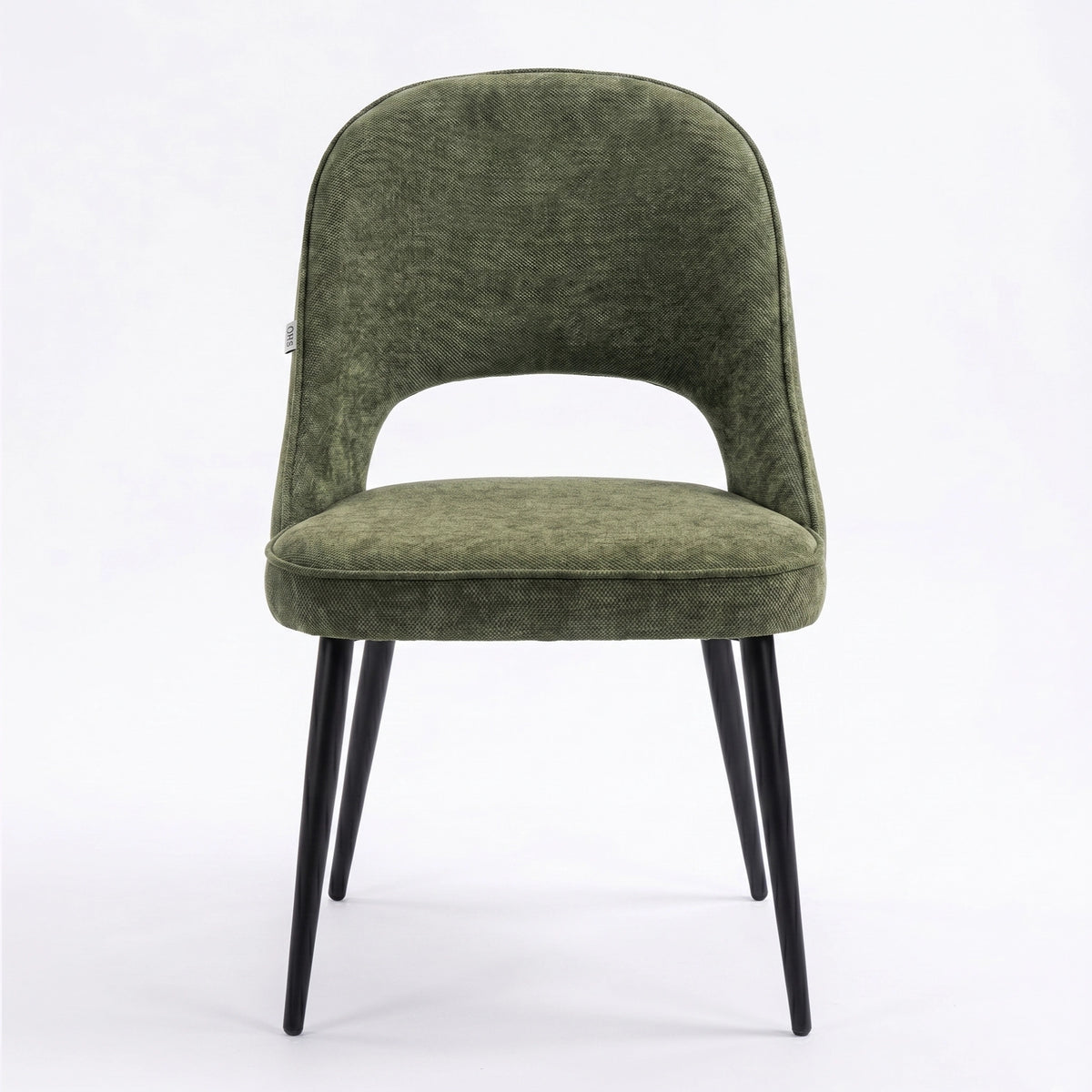 [Green | Set of 2]  Front view of the comfy fabric dining chair with rounded open back, piped seat and four black metal legs.