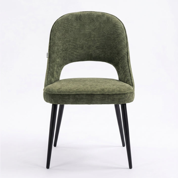 [Green | Set of 2]  Front view of the comfy fabric dining chair with rounded open back, piped seat and four black metal legs.