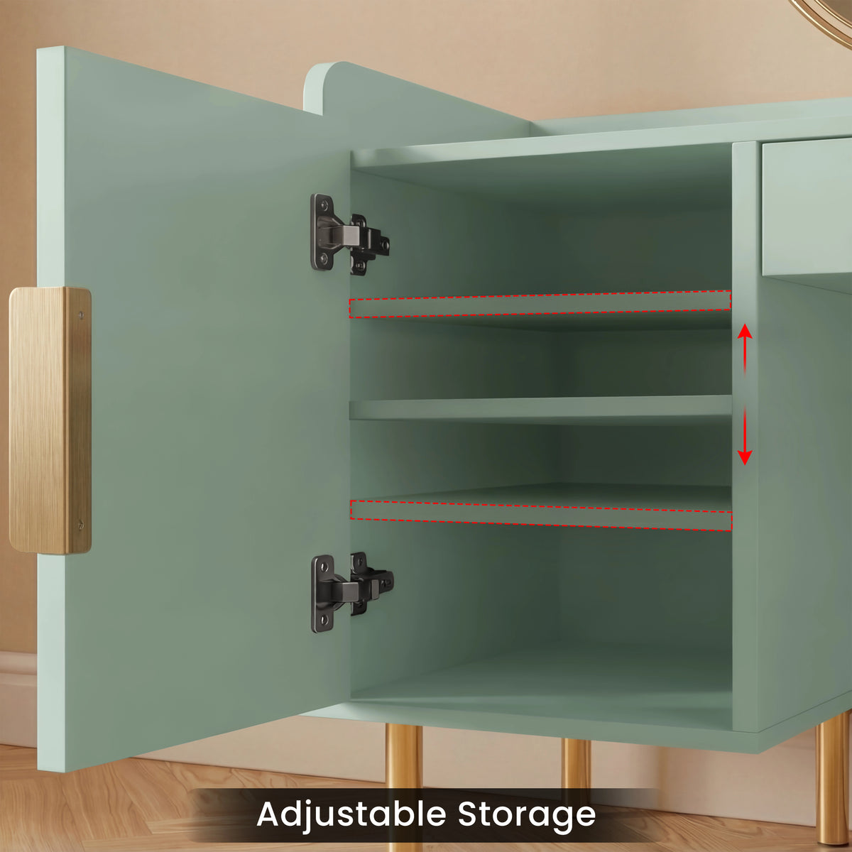 [Sage Green] three-color lighting comparison of the sage green dressing table mirror plus a 0 to 100 brightness slider