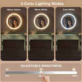 [Sage Green] Flutrina design green vanity dressing table with LED lights showing three adjustable light modes and brightness settings