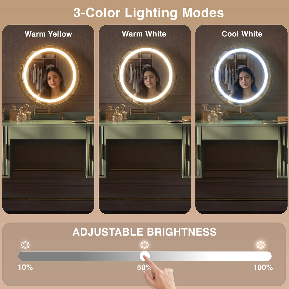 [Sage Green] Flutrina design green vanity dressing table with LED lights showing three adjustable light modes and brightness settings