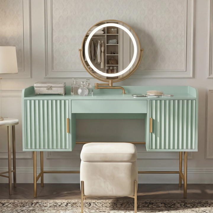 [Sage Green] front view of the sage green fluted vanity with side cabinets, centre drawer and a lit round mirror