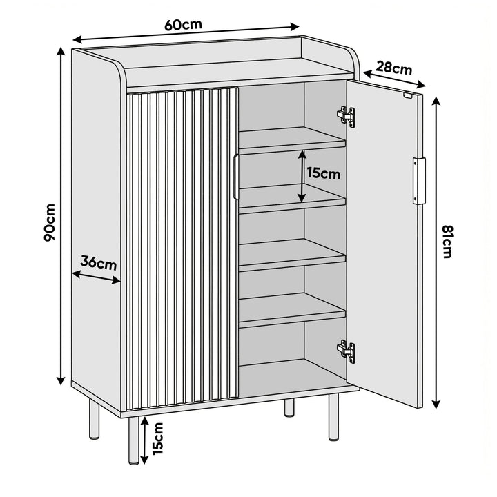 [Green] Flutrina shoe cabinet size guide showing W60 x D28 x H90cm with 81cm door height and 15cm leg clearance