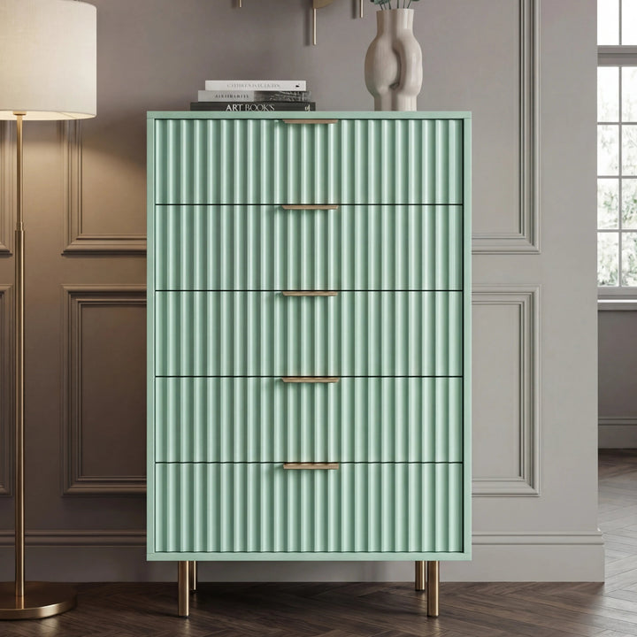 [Sage Green] Flutrina 5 drawer chest straight-on, sage fluted fronts, brass cup handles and gold legs