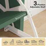 [Green] Shaker Shoe Cabinet shelf adjustment detail showing three positions and icons for heels sneakers slippers and sports shoes