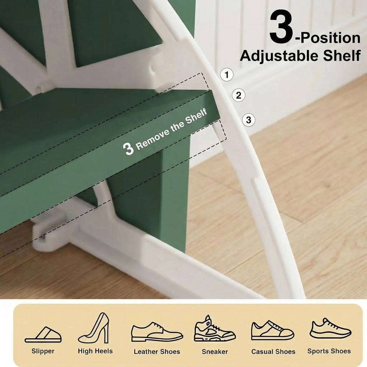 [Green] Shaker Shoe Cabinet shelf adjustment detail showing three positions and icons for heels sneakers slippers and sports shoes