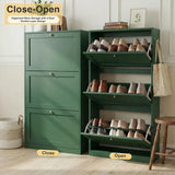 [Green] Shaker Shoe Cabinet close and open split view showing three flip-front doors and double-layer internal storage shelves with shoes