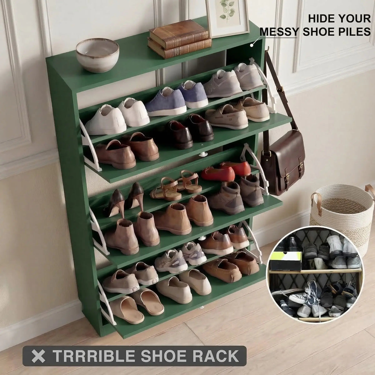 [Green] Shaker Shoe Cabinet open showing tiered shelves holding multiple pairs of shoes across all three compartments in a hallway