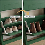 [Green] Shaker Shoe Cabinet compartment showing removable internal shelf before and after removal to fit taller ankle boots