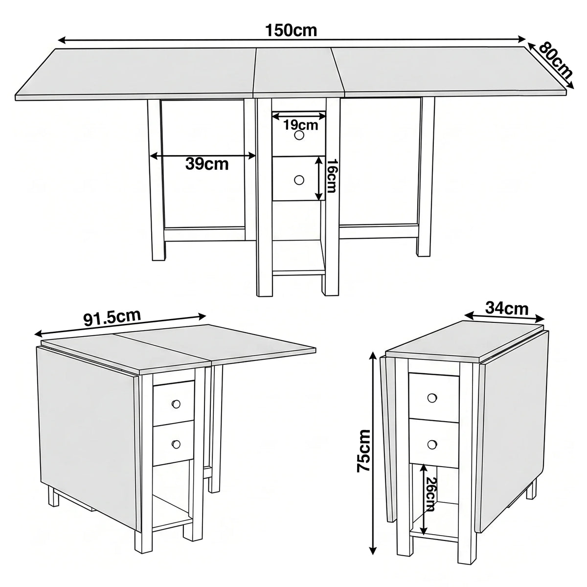 [150cm | Green] Stovra Drop Leaf Dining Table technical drawing showing fully extended, half open, and folded dimensions