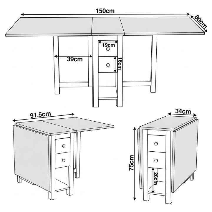 [150cm | Green] Stovra Drop Leaf Dining Table technical drawing showing fully extended, half open, and folded dimensions