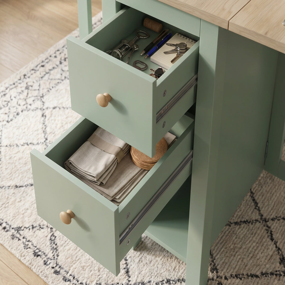 [150cm | Green] Stovra Drop Leaf Dining Table both drawers open showing cutlery and stationery in top and linens below