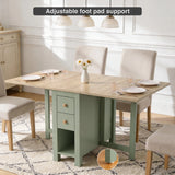 [150cm | Green]  Stovra Drop Leaf Dining Table fully extended with four chairs and adjustable foot pad detail callout