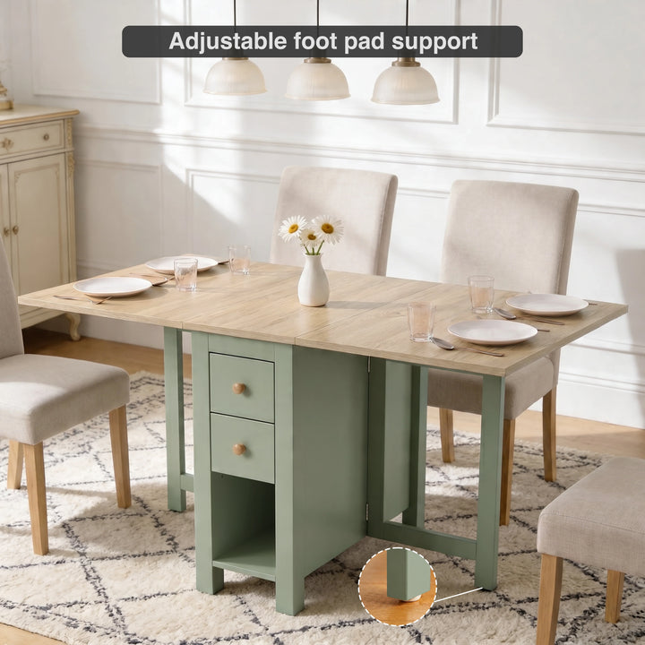 [150cm | Green]  Stovra Drop Leaf Dining Table fully extended with four chairs and adjustable foot pad detail callout
